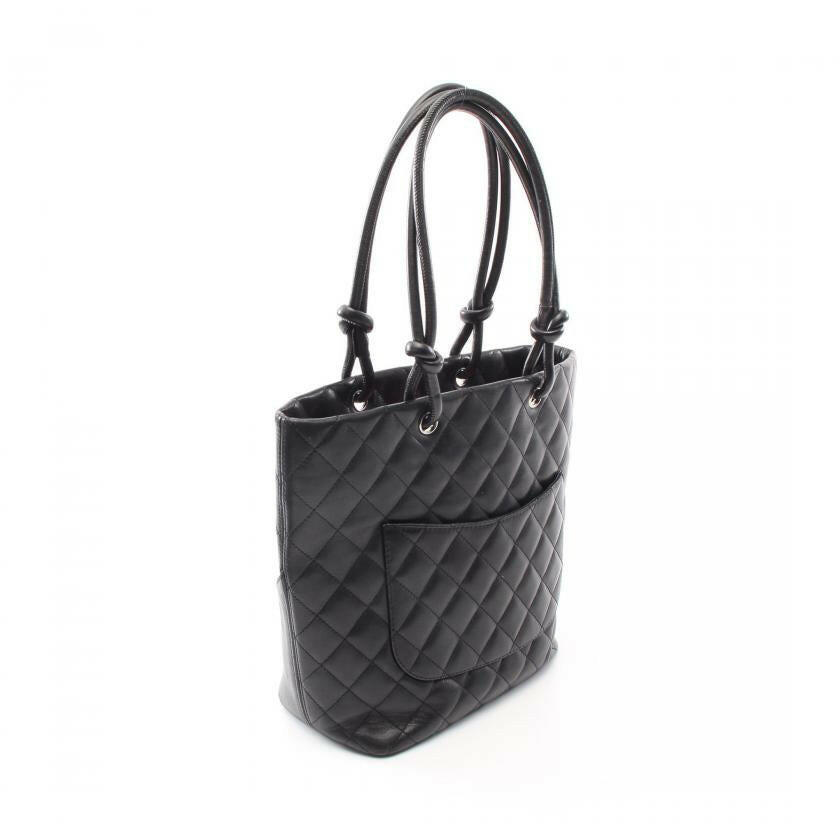 Chanel Cambon Line Medium Handbag Tote Bag Leather Black White Silver Hardware - ShopShops
