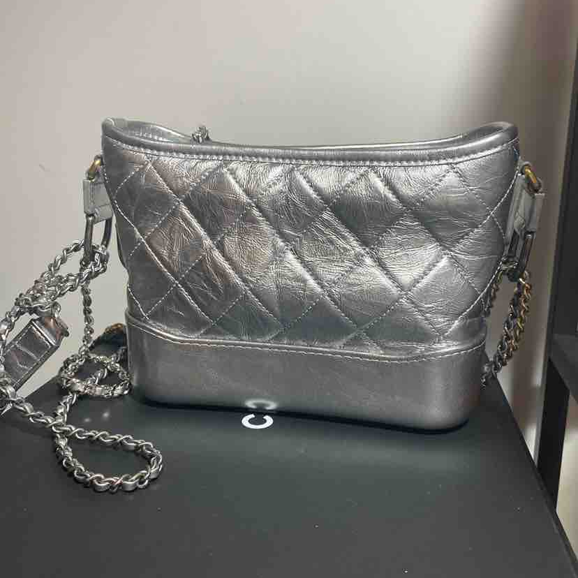 CHANEL Gabrielle Shoulder Bag, Silver Quilted Leather, Medium - ShopShops