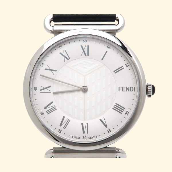Fendi Silver Stainless Steel Leather Palazzo Men's Wristwatch 41 mm - ShopShops
