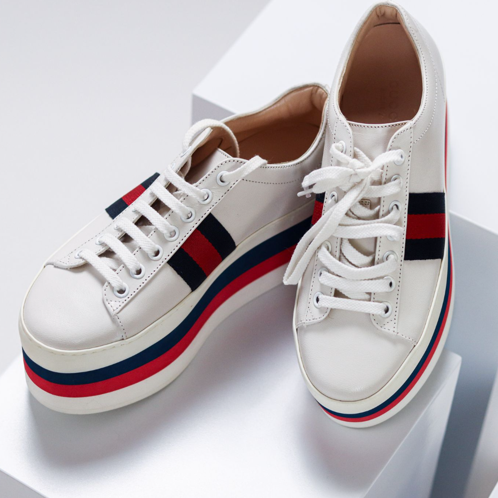 Gucci Sylvie Web Accent Leather Wedge Sneakers - ShopShops
