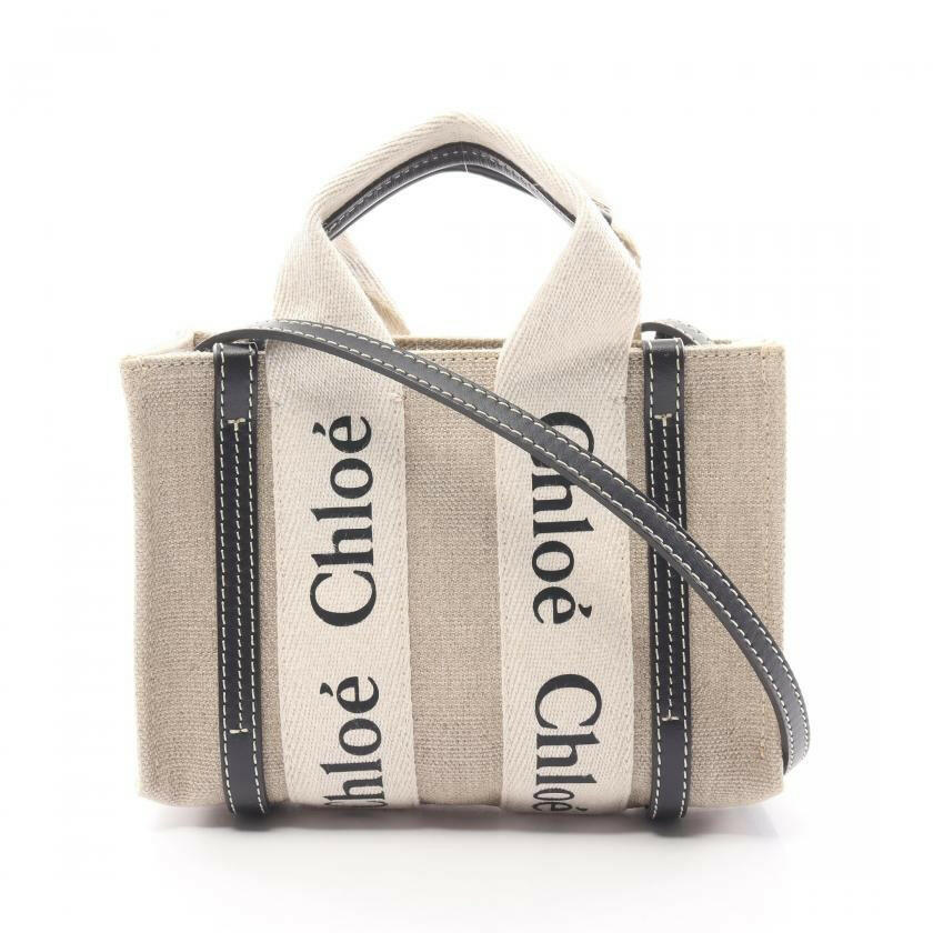 Chloe Woody Mini Tote Bag Shoulder Bag Canvas Leather Beige Black 2way 875307 - ShopShops
